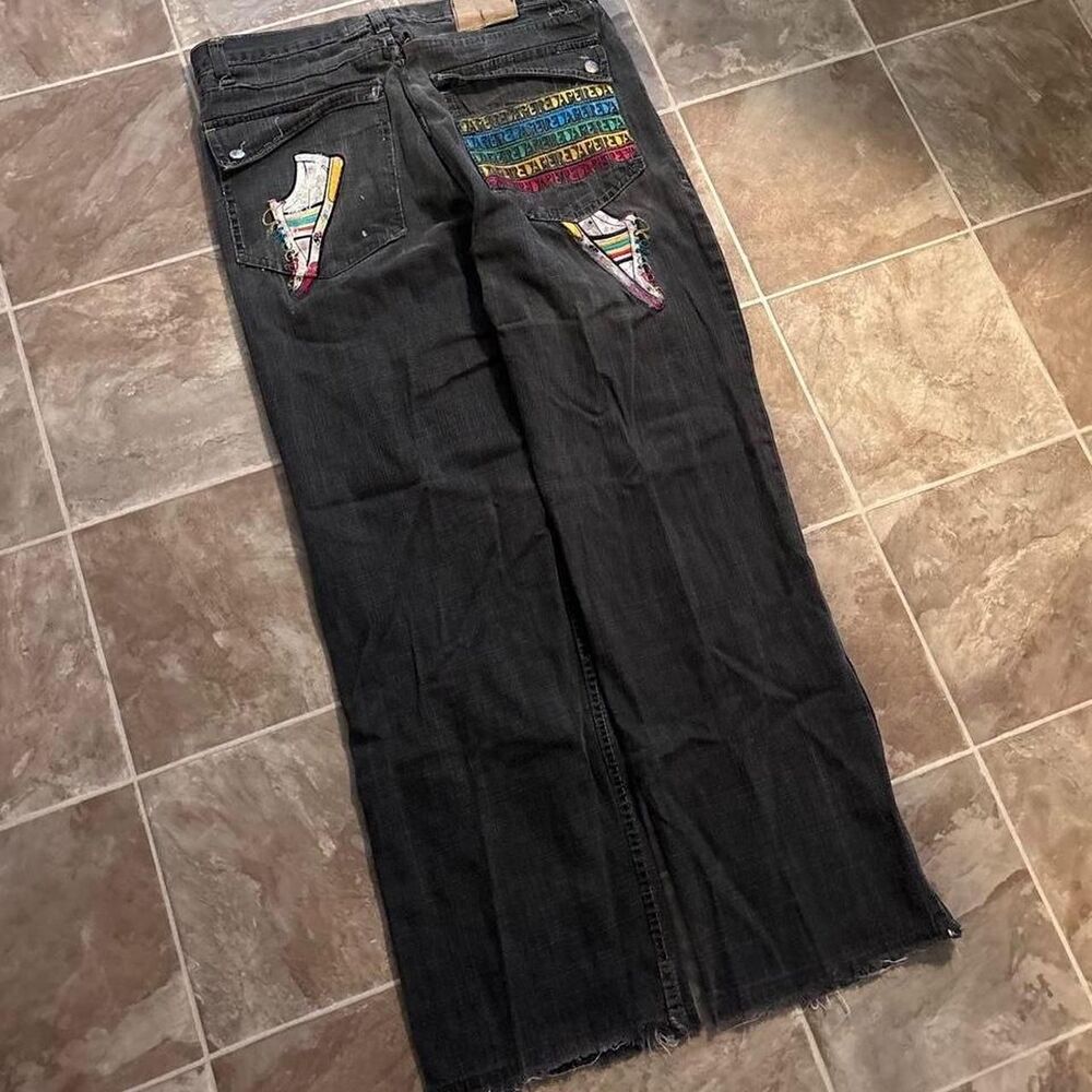Vtg Y2K 00s baggy distressed soutpole esc embroidered colorful jeans, Size 36x32